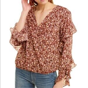 NWT Max Studio Brick Red Faux-Wrap Ditsy Floral Ruffle Long Sleeve Blouse Top M